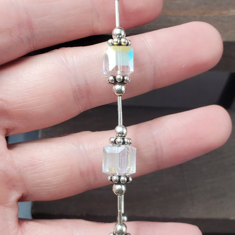 8 Inch Sterling Silver Worn Rainbow Square Crystals Bracelet